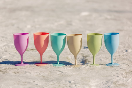 Six vibrant plastic wine glasses in pastel colors stand in a row on a snowy surface, creating a striking contrast with the white background.の写真素材