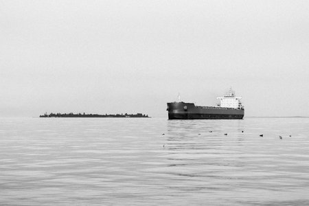 Black-and-white photo of a large cargo ship sailing on a tranquil sea with an island visible in the distanceの写真素材