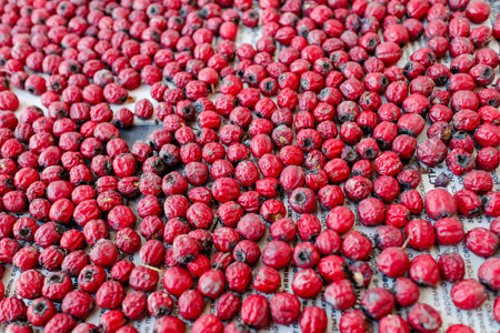 Dried red hawthorn berries spread out on paper. Close-up view of natural dried fruits. Macro photography for design and printingの写真素材