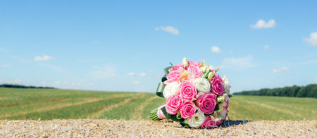 A beautiful bride's bouquet of white and pink roses, beautifully decorated with a satin ribbon, on a bright sunny day, against the background of a field with green grass and a blue sky. Panoramic viewの写真素材