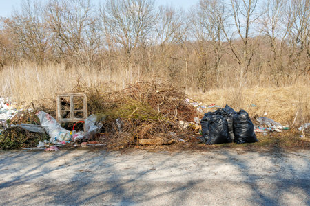 An illegal dumping site in a natural area, filled with plastic bags, waste, and debris, highlighting serious environmental pollution issues.の写真素材
