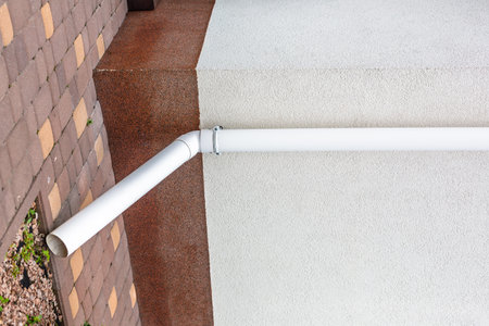 Close-up of a white plastic downspout attached to the corner of a house, directing rainwater onto a...