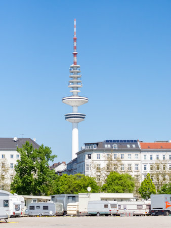 Hamburg, Germany - May 07, 2016: There is a big trailer park at the Heiligengeistfeld during the harbour's birthday in Hamburgのeditorial素材