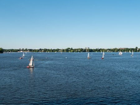 Hamburg, Germany - July 02, 2018: People enjoying the fine weather at Alster Lake.のeditorial素材