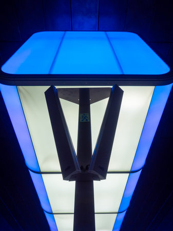 Hamburg, Germany - April 12, 2018: Tube station Universitaet Hafencity with constantly changing light colours .のeditorial素材