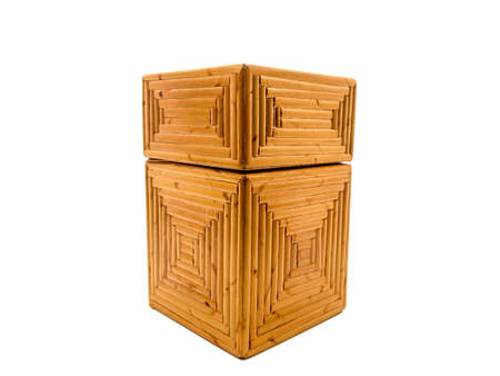 Close-up of wooden box, made of bamboo, isolated on white background.の写真素材