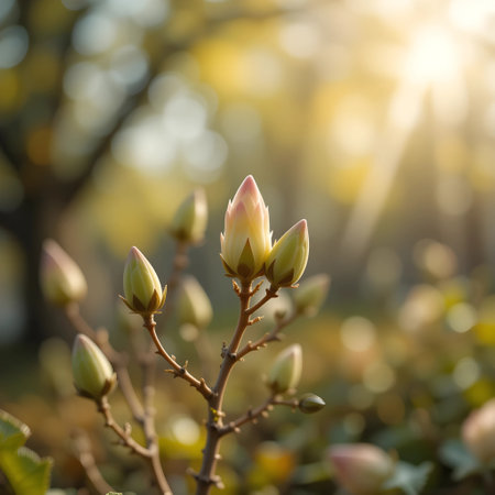Blossoming branch of a magnolia tree in the sunlight.の素材