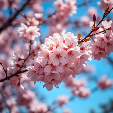 cherry blossom sakura in spring time on blue sky backgroundの素材