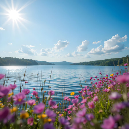 Beautiful summer landscape with pink flowers on the lake and blue skyの素材