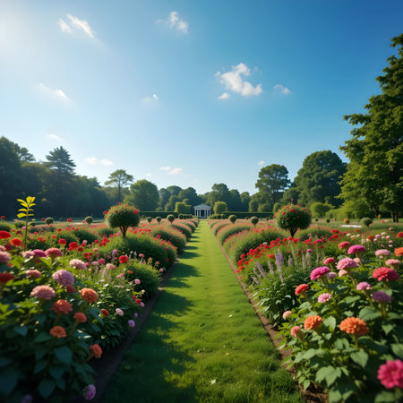 Beautiful summer garden with blooming dahlias and other flowersの素材
