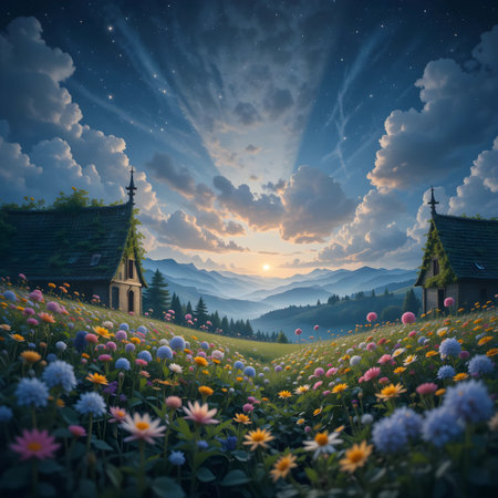 Beautiful summer landscape with blooming meadow and church in mountainsの素材