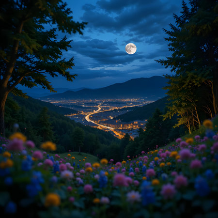 mountain landscape in the moonlight at night with flowers and mountainsの素材