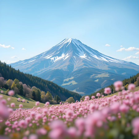 Mountain Fuji with pink flowers in the meadow, Japan.の素材