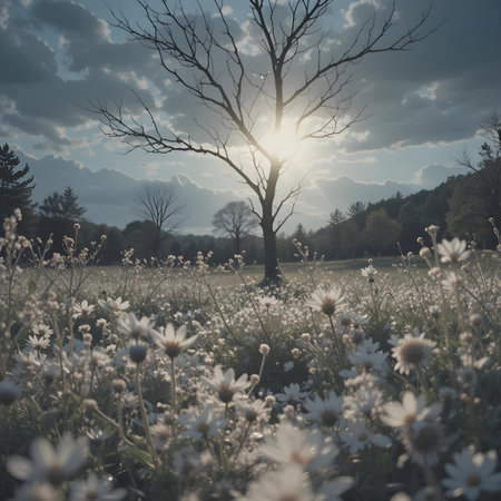 Sunset in the meadow with daisies and a treeの素材