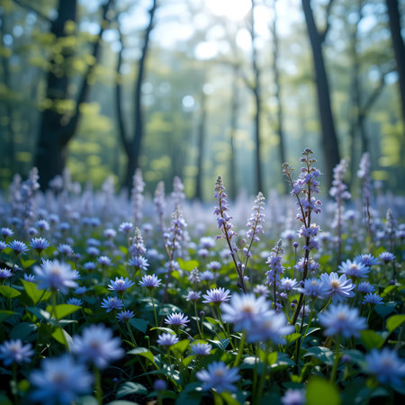 Beautiful purple flowers in the forest at sunrise. Nature background.の素材