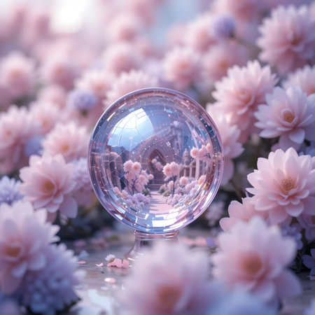 Crystal ball with pink flowers in the garden. 3d rendering.の素材