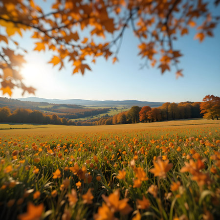 Meadow with orange flowers and trees in autumn. Beautiful rural landscape.の素材