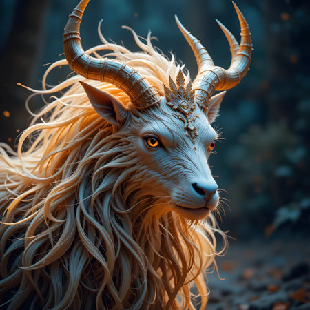 Fantasy image of a goat with horns. 3D rendering.の素材