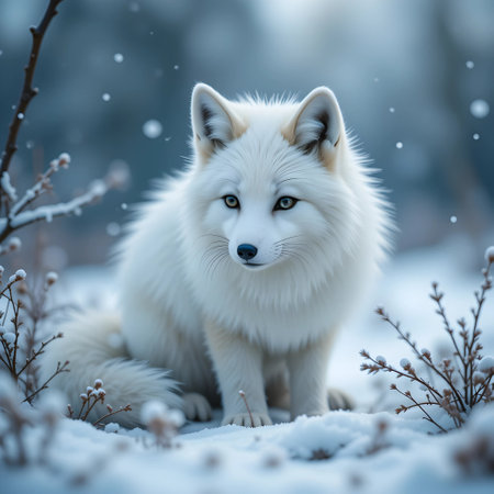 Portrait of a beautiful white fox in the snowy forest. Wildlife scene.の素材
