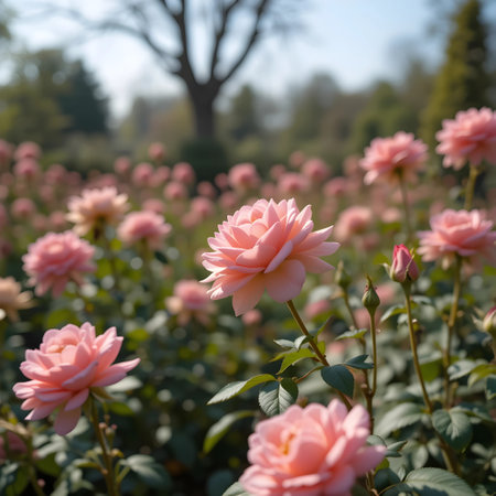 Beautiful pink roses blooming in the garden. Soft focus.の素材