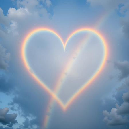 Rainbow in the shape of a heart on a blue sky backgroundの素材