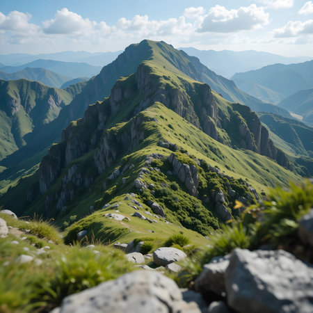 Mountain landscape with green grass and blue sky. Caucasus, Georgia.の素材