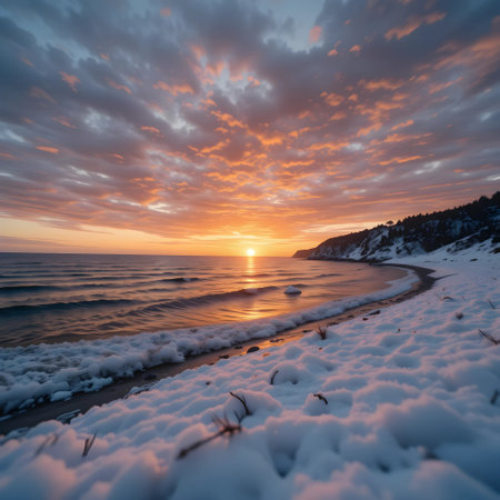 Beautiful winter sunset on the Baltic Sea. Dramatic sky.の素材