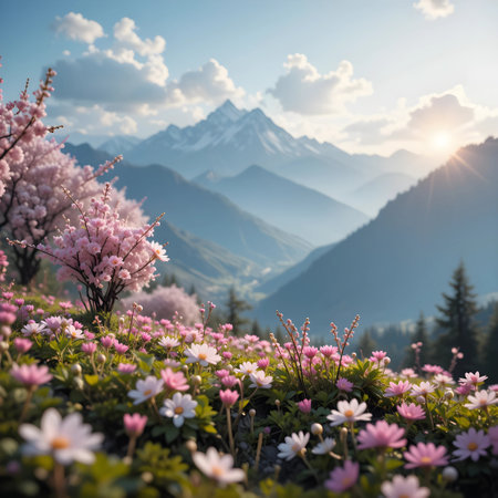 Beautiful spring landscape with pink flowers and mountains in the background.の素材