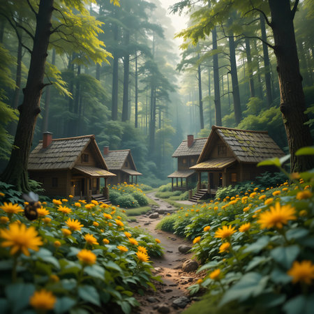 Wooden house in the forest with sunflowers in the morningの素材