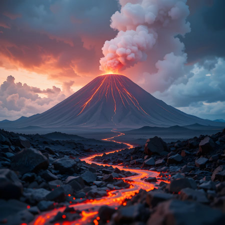 Volcano on the background of the blue sky with red clouds.の素材