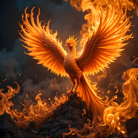 3d rendering of a golden eagle in the sky with fire flamesの素材