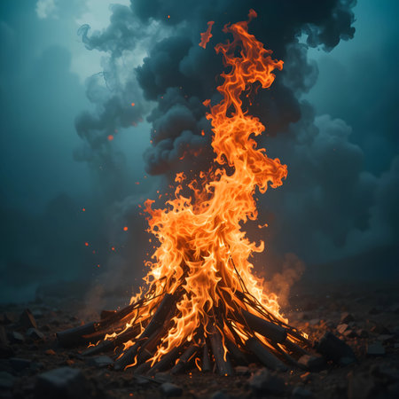 Burning bonfire in dark forest at night. 3D renderingの素材