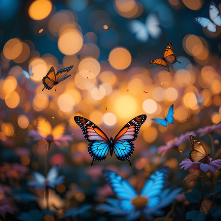 Butterflies flying over flowers in the meadow at sunset.の素材