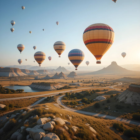 Hot air balloons flying over the valley at sunrise. 3d renderingの素材