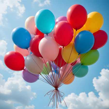 Bunch of colorful balloons flying in the blue sky. 3d renderingの素材