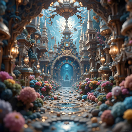 Fantasy landscape with fantasy temple. 3d illustration. Fantasy world.の素材