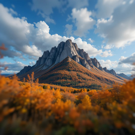 Beautiful autumn landscape with colorful forest and high mountains in the backgroundの素材