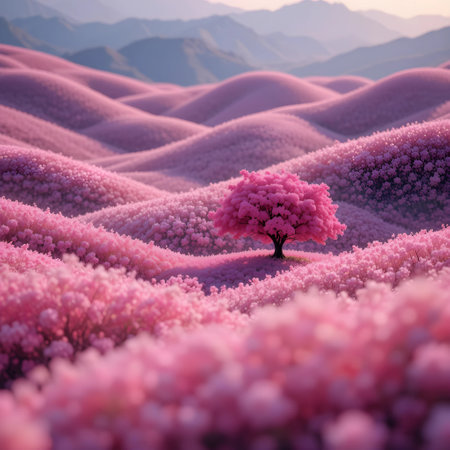 3D illustration of a pink cherry tree in the middle of a field of pink sakura flowersの素材