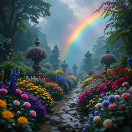 Rainbow in the garden with colorful flowers and path,3d renderの素材