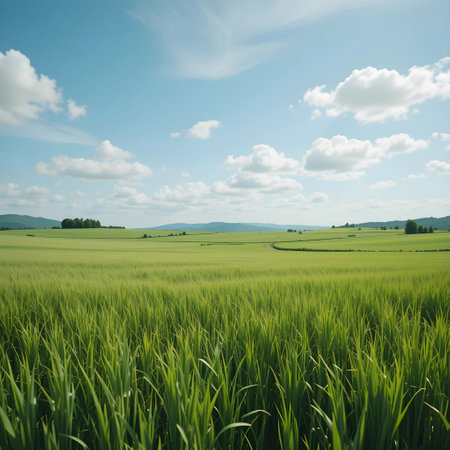 Green rice field and blue sky with clouds. Nature landscape background.の素材