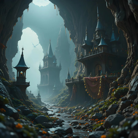 Fantasy Fairy Tale Castle in the Dark Cave. 3D Renderingの素材