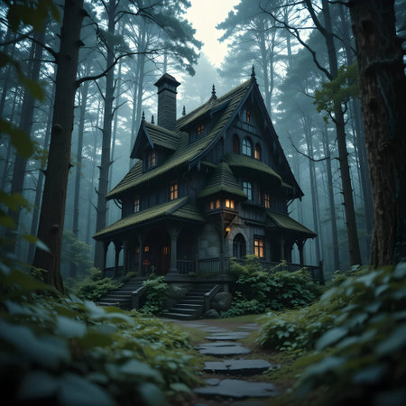 Old wooden house in the forest in the fog. 3d renderingの素材