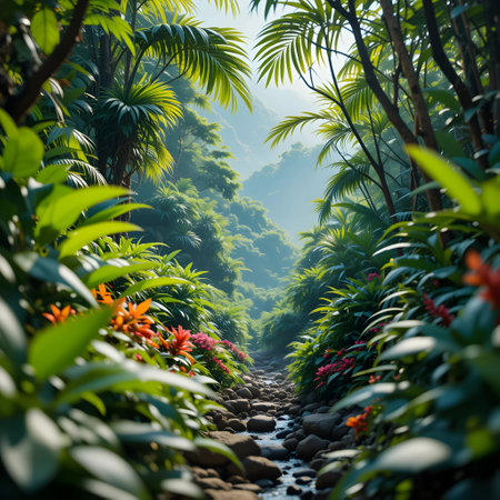 Beautiful tropical forest with palm trees and flowers in the morning.の素材