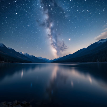 Mountain lake at night with starry sky and milky wayの素材