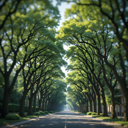 row of green trees in a row on a road in the parkの素材