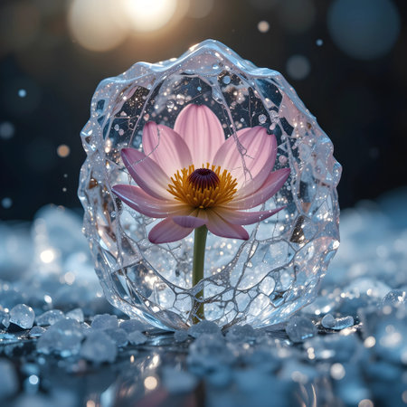 Beautiful pink lotus flower on ice with bokeh backgroundの素材
