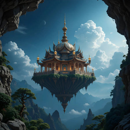 Fantasy landscape with pagoda in the cave. 3D renderingの素材