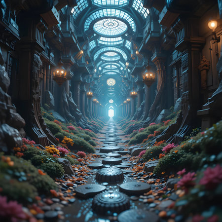 Futuristic corridor with glowing lights and flowers. 3D renderingの素材