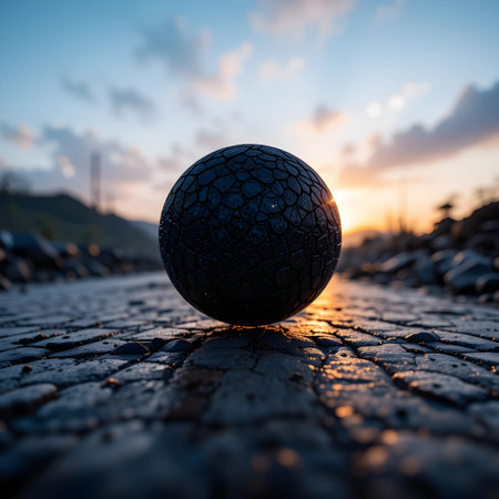 Black ball on the ground in the sunset. Selective focus.の素材