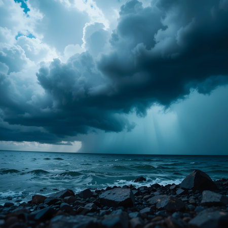 Storm over the sea. Dark sky, dark clouds, stormy weatherの素材